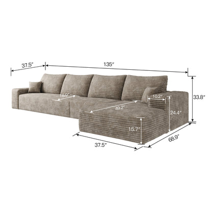 134" Cloud Sectional Couch with L-Shape Chaise by HouseOfZazla; beige fabric, plush cushions on Tampa Home & Garden Store