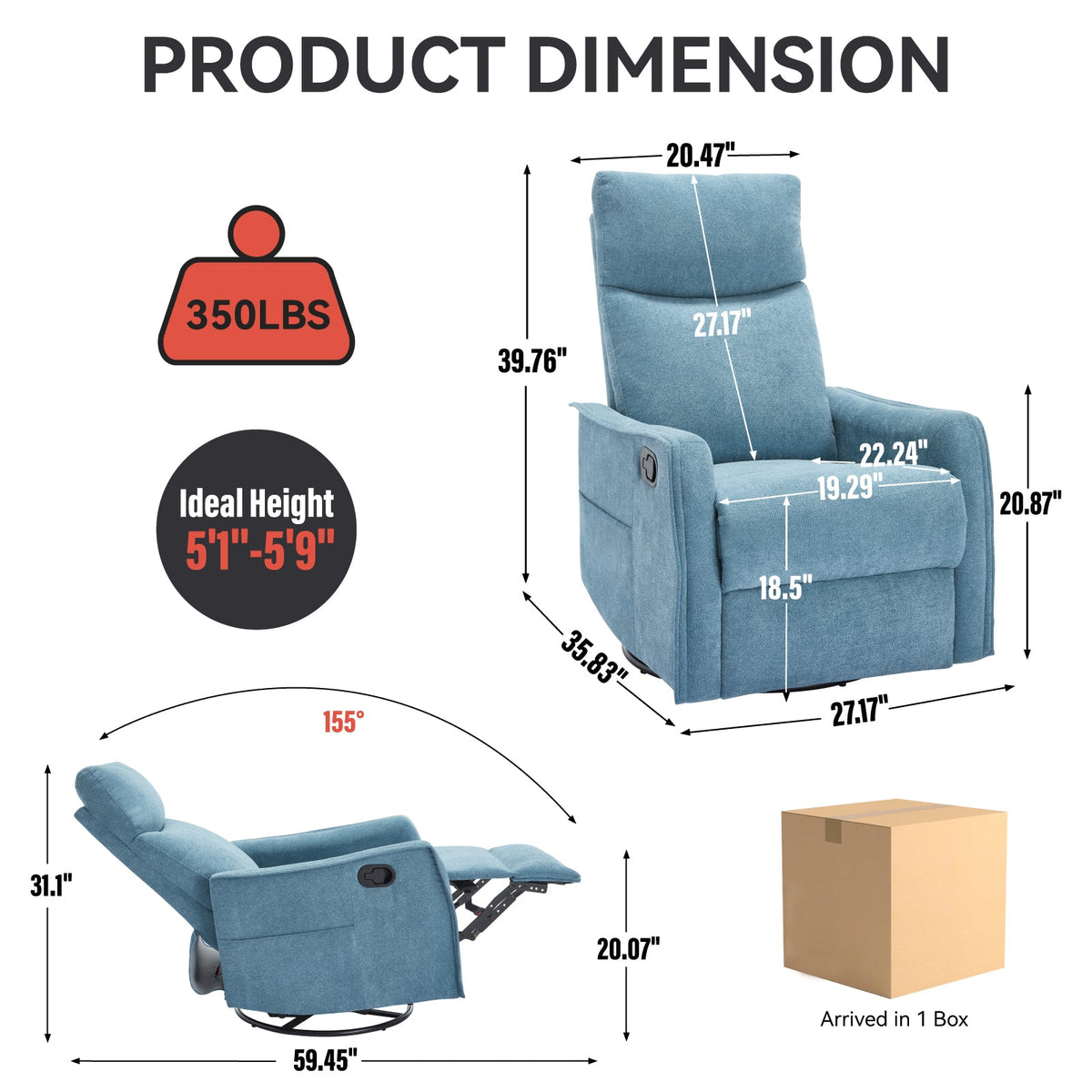Blue fabric heat massage manual recliner chair with rocker and swivel; 350 lb capacity on Tampa Home & Garden Store