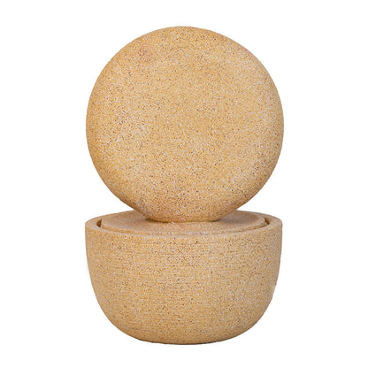 Cement round water fountain by HouseOfZazla with beige textured finish and sphere on top on Tampa Home & Garden Store