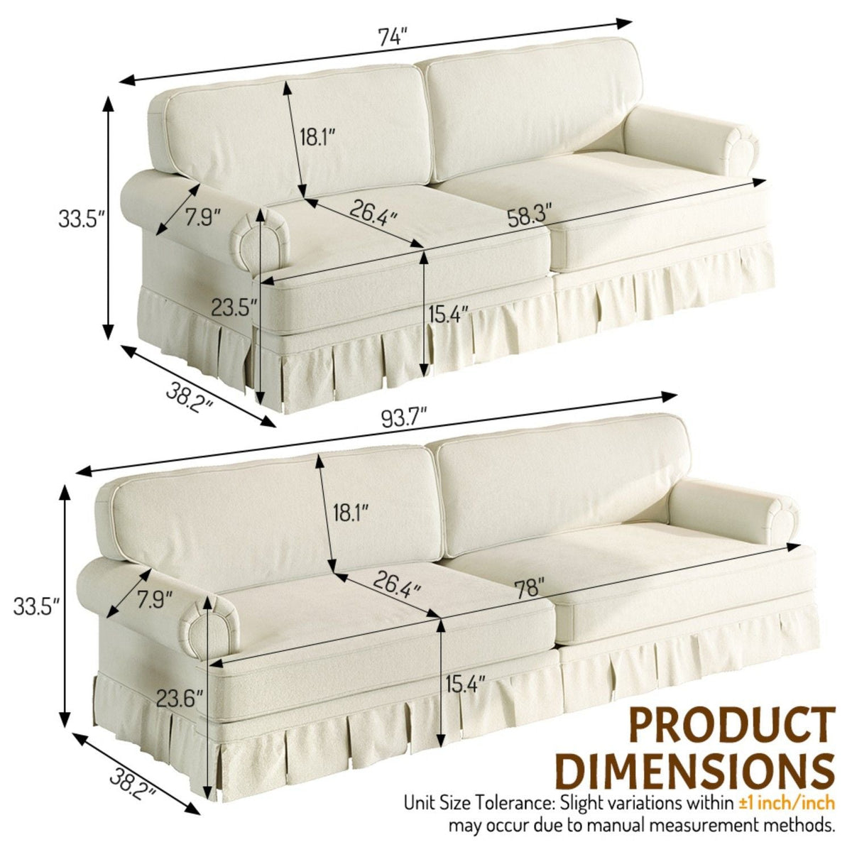 Comfortable Cloud Sofa with Rolled Arms and Skirt, cream fabric, HouseOfZazla sofa on Tampa Home & Garden Store