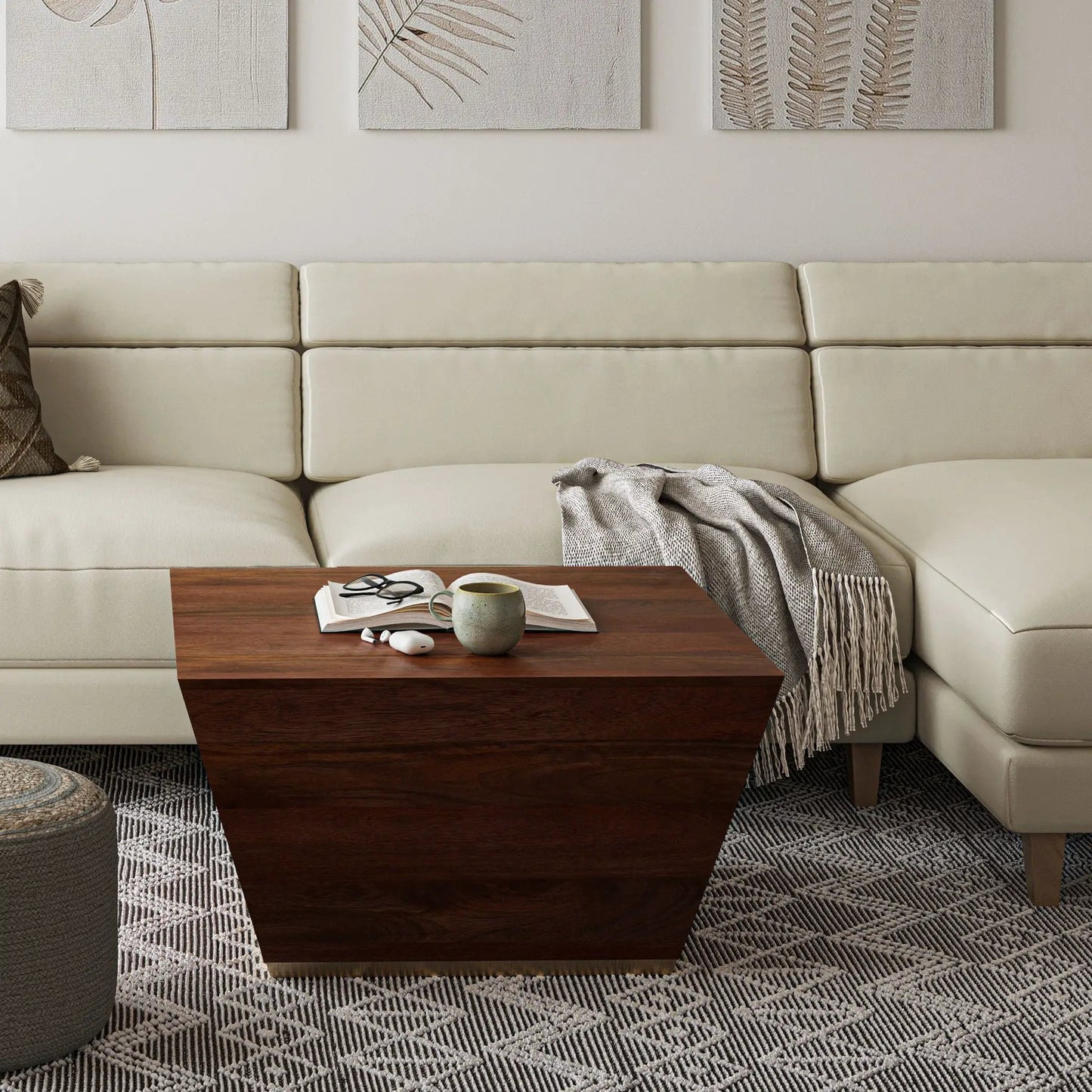 Abba Handcrafted Coffee Table in dark walnut wood with open book and mug on top on Tampa Home & Garden Store
