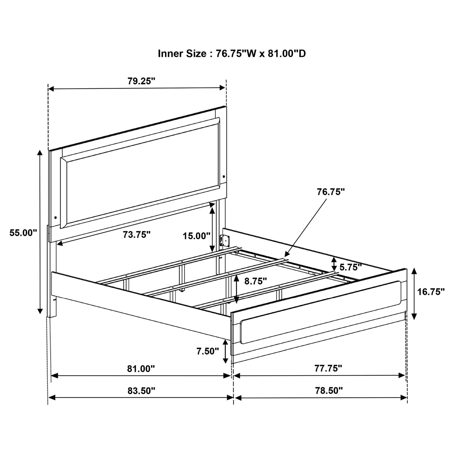 Sophia panel bed with LED headboard blueprint sketch showing dimensions on Tampa Home & Garden Store
