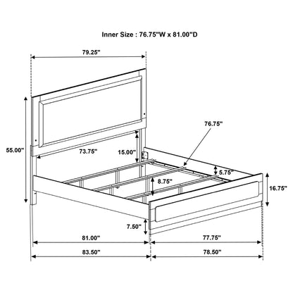Sophia panel bed with LED headboard blueprint sketch showing dimensions on Tampa Home & Garden Store