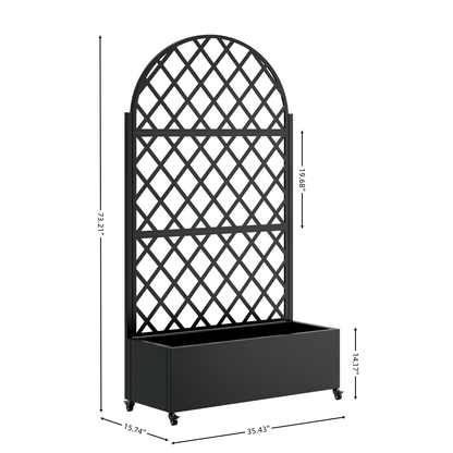 Round black metal planter box with lattice trellis, wheeled stand and curved arch top on Tampa Home & Garden Store