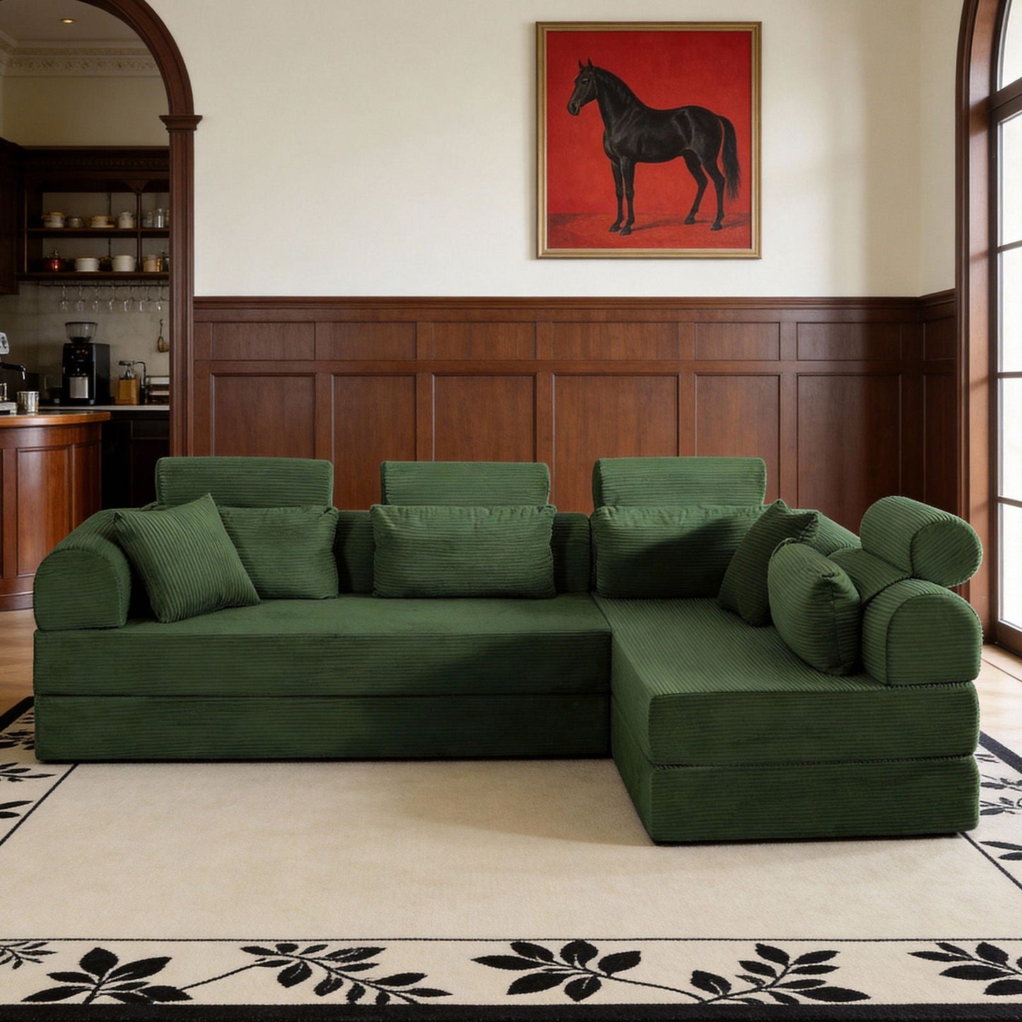 Modern L-Shape Modular Sectional Sofa emerald green corduroy fabric, stationary on Tampa Home & Garden Store