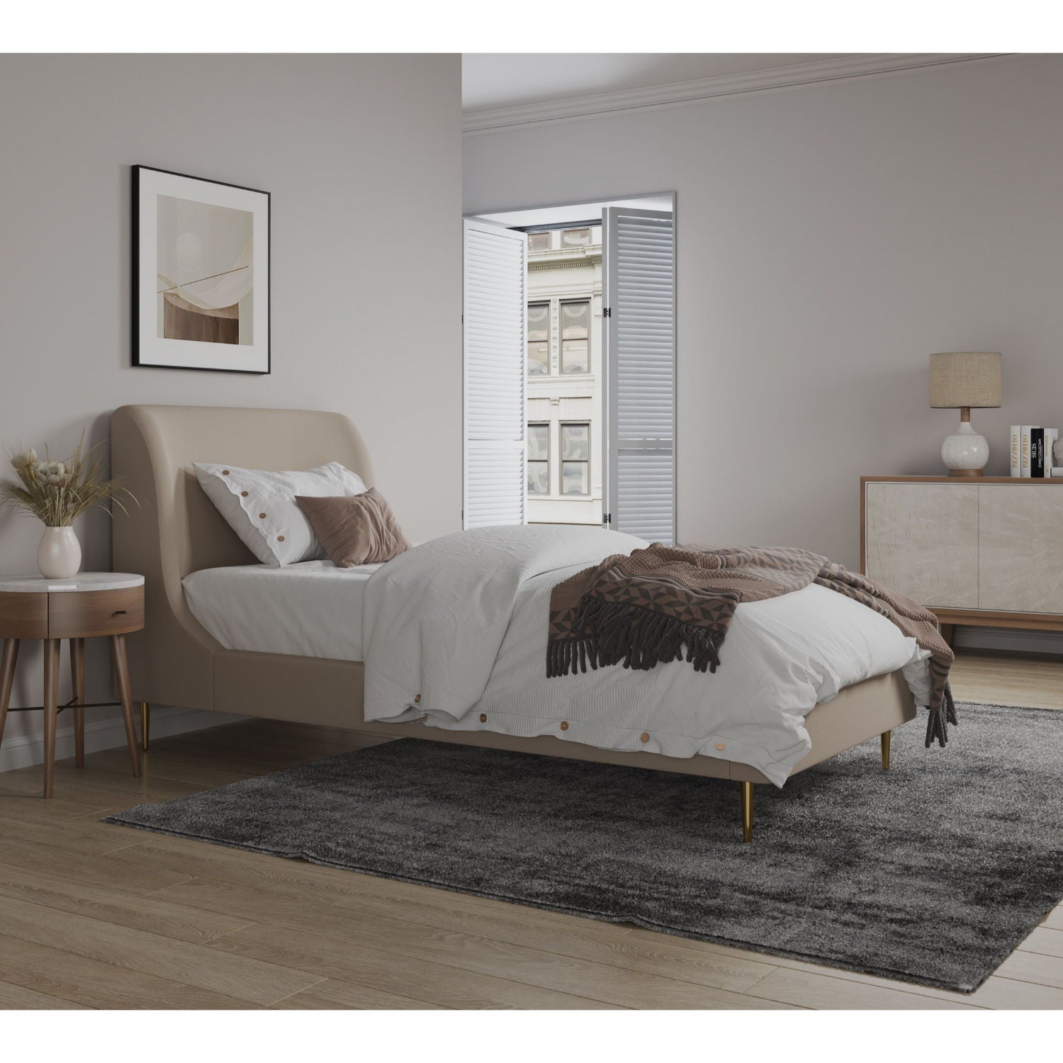 Mid-Century Modern Upholstered Bed with curved beige headboard and white bedding on Tampa Home & Garden Store
