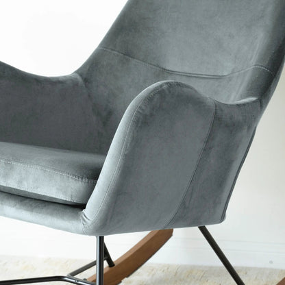 Chel Mid-Century Modern Rocking Chair with dark gray upholstery and black metal legs on Tampa Home & Garden Store