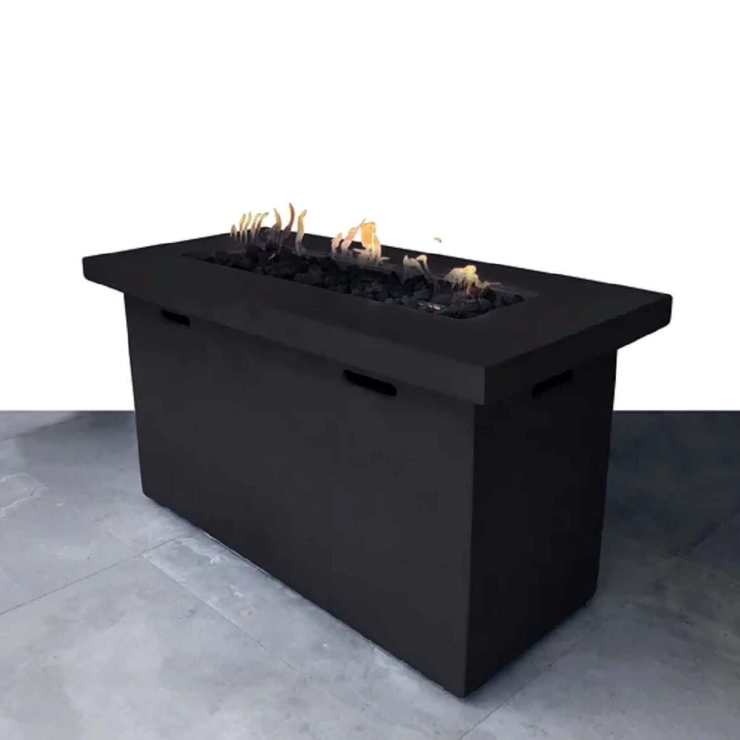 Reinforced propane outdoor fire pit table, black rectangular fire pit with flames and lava rocks on Tampa Home & Garden Store