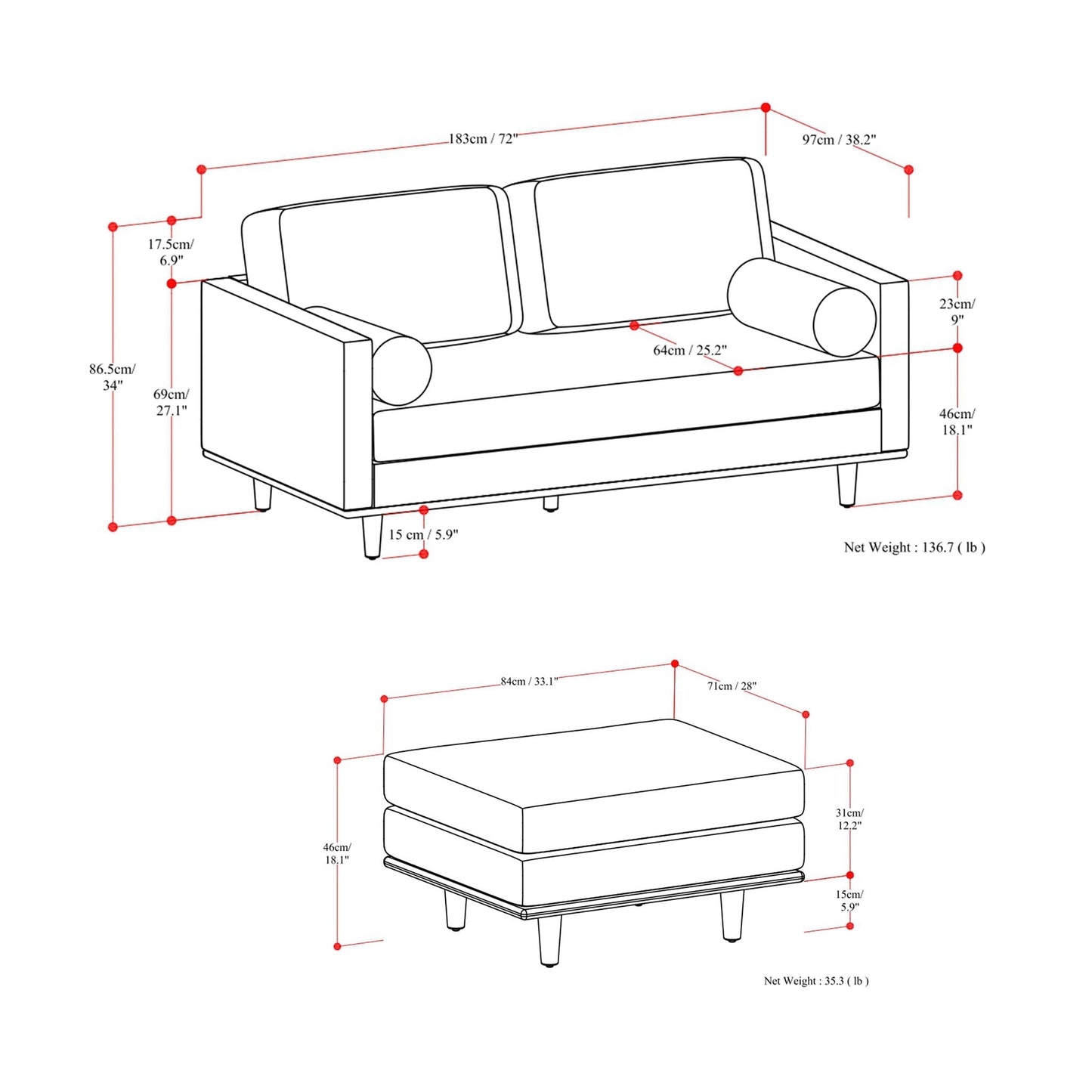 Morrison Brazilian Leather Sofa and Ottoman Set