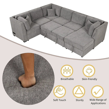 U-shaped sleeper sectional sofa bed in grey fabric with storage chaise and USB ports on Tampa Home & Garden Store
