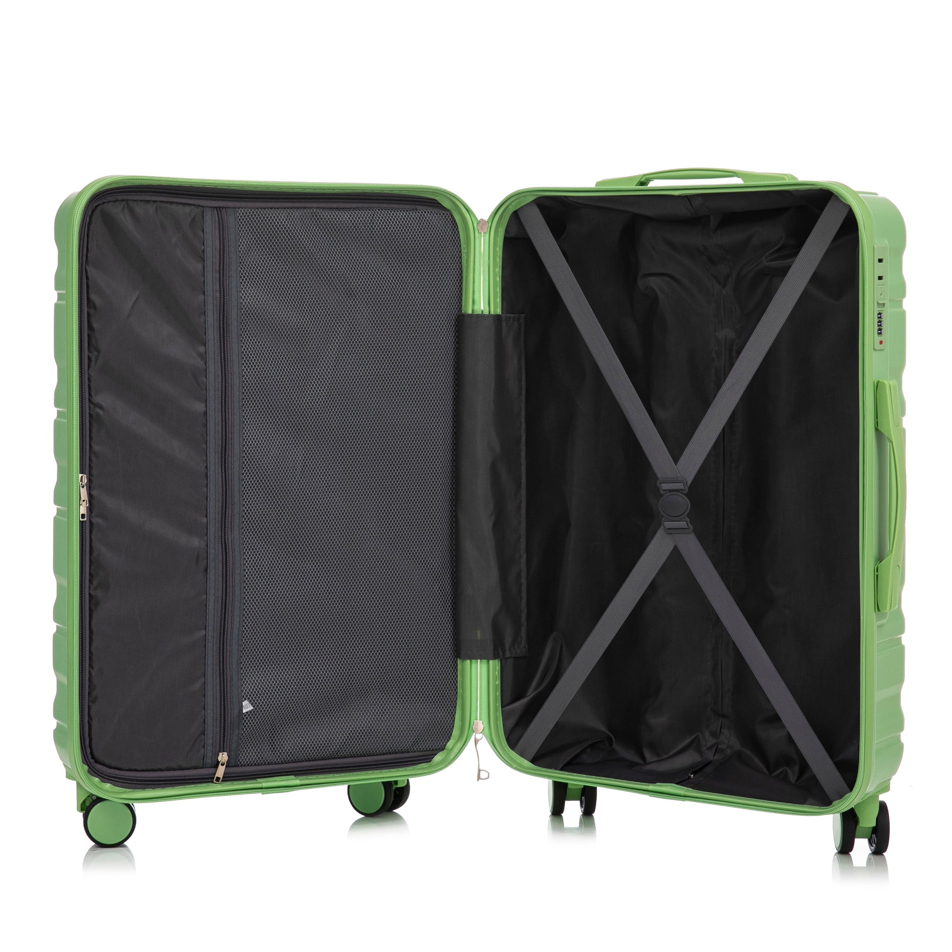 HIFINE Tourist 3-Piece Spinner Luggage Set, green, mesh divider and cross straps inside on Tampa Home & Garden Store