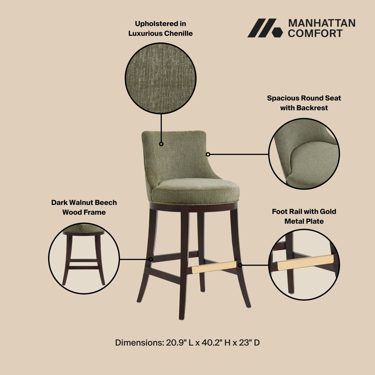 Bar height barstool by HouseOfZazla, backrest in green upholstery; dark walnut frame, foot rail on Tampa Home & Garden Store