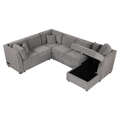 U-Shaped Sectional Sofa Pull Out Sofa Bed in gray fabric with storage chaise on Tampa Home & Garden Store