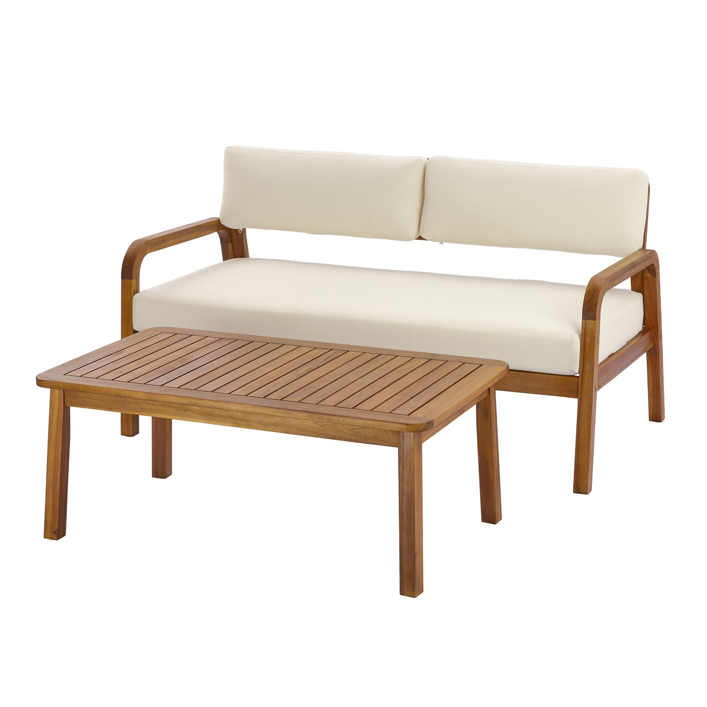 2-piece teak outdoor sofa set with cream cushions and matching teak coffee table on Tampa Home & Garden Store
