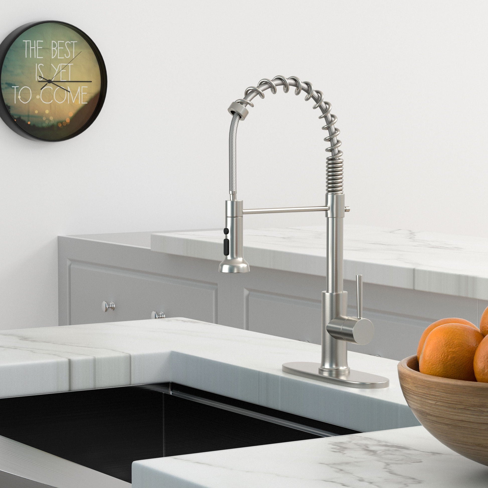 Faucet: HouseOfZazla 21in commercial kitchen pull-down spray, brushed nickel stainless steel on Tampa Home & Garden Store