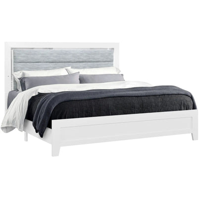 Omoda Bed With LED white platform bed with gray upholstered headboard and white bedding on Tampa Home & Garden Store