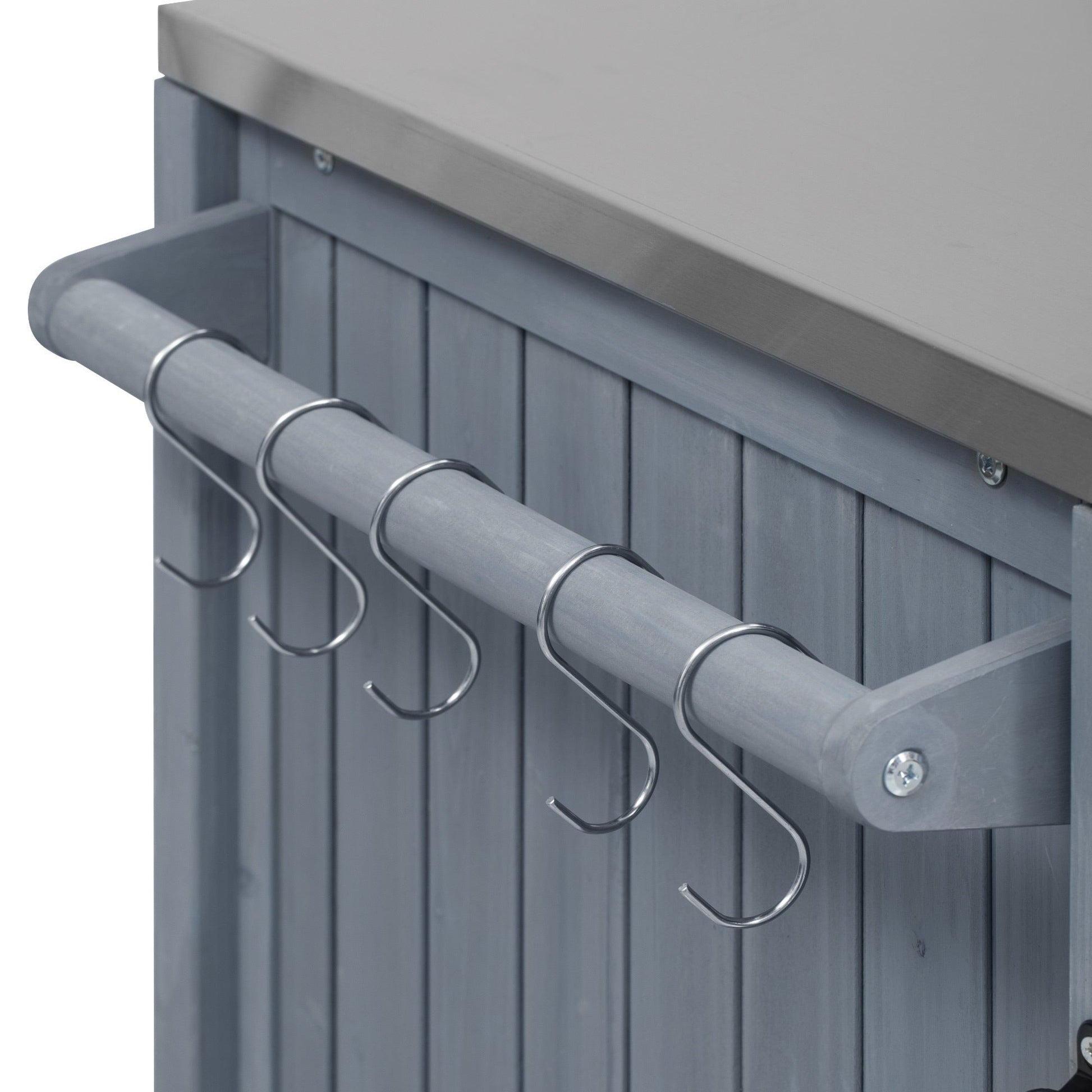 Outdoor kitchen island hardware: grey cabinetry with stainless hanging rod and S-hooks on Tampa Home & Garden Store