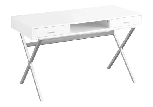White glossy computer desk with two drawers and open center shelf, metal X-frame legs on Tampa Home & Garden Store