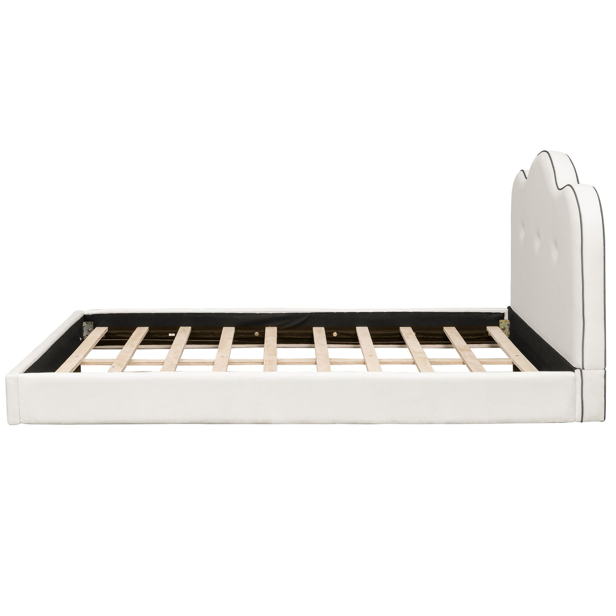 Upholstered platform bed by HouseOfZazla with white scalloped headboard and black piping on Tampa Home & Garden Store