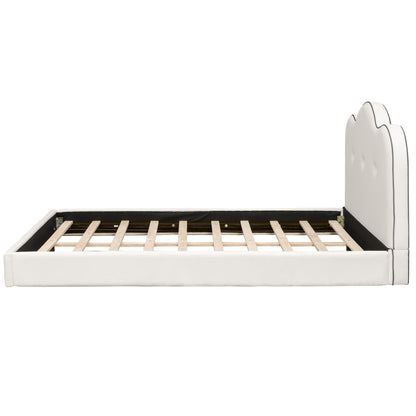Upholstered platform bed by HouseOfZazla with white scalloped headboard and black piping on Tampa Home & Garden Store