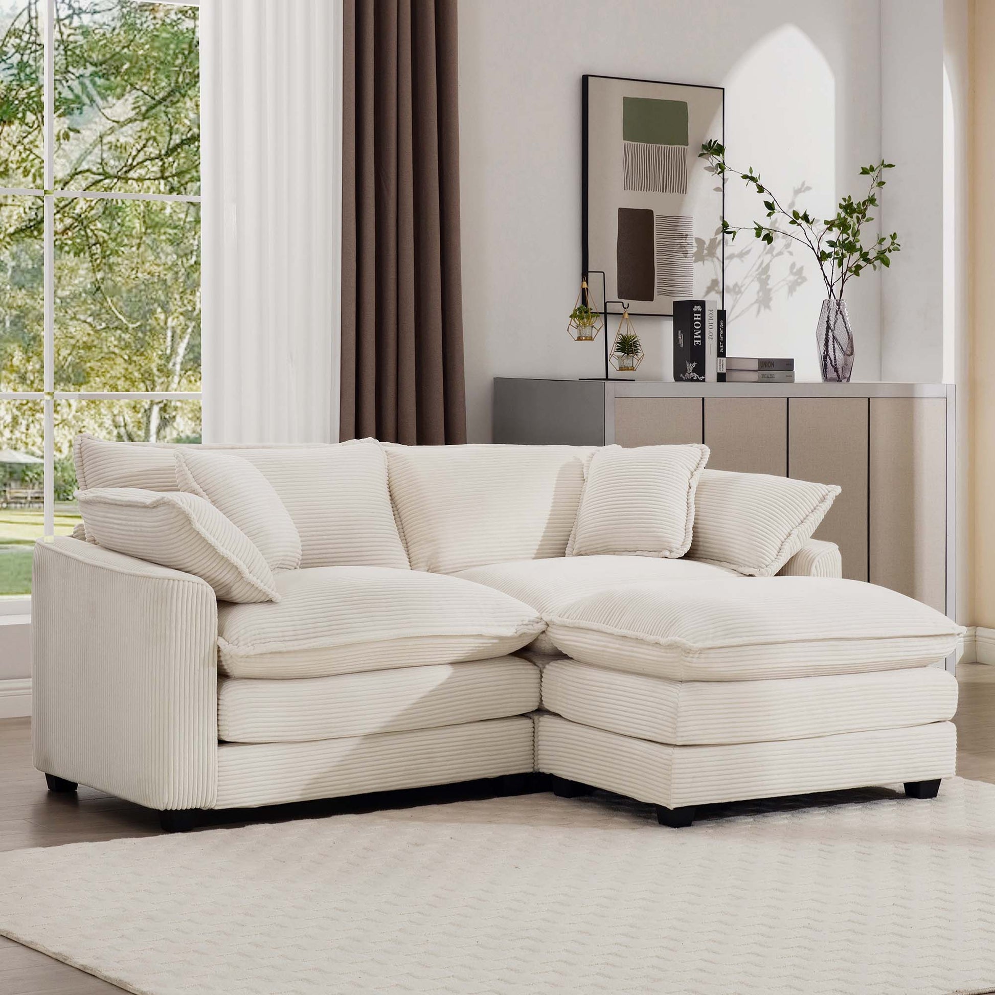 Modern oversized modular cushion sofa with ottoman by HouseOfZazla, white upholstery on Tampa Home & Garden Store