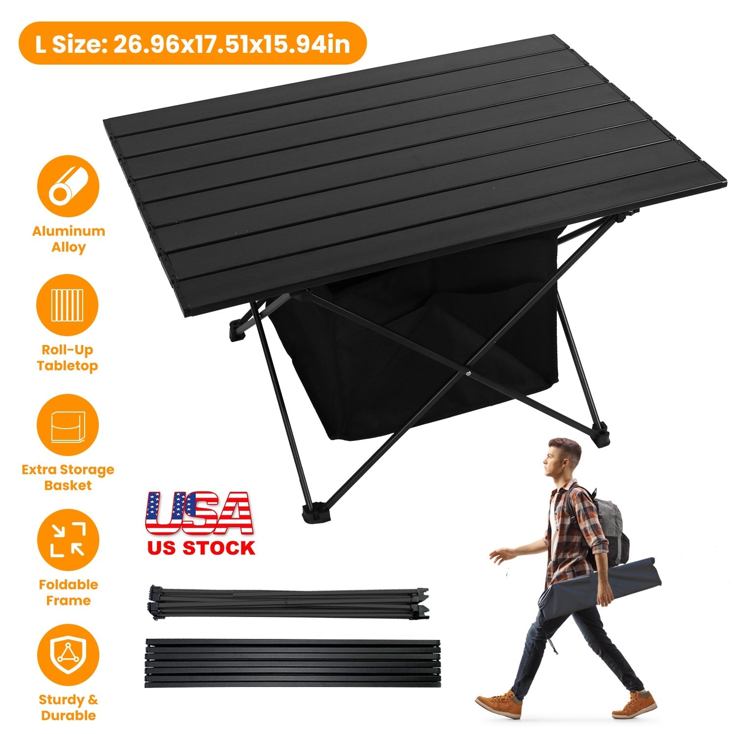 GemGear Foldable camping table with aluminum alloy roll-up top, black frame and basket on Tampa Home & Garden Store