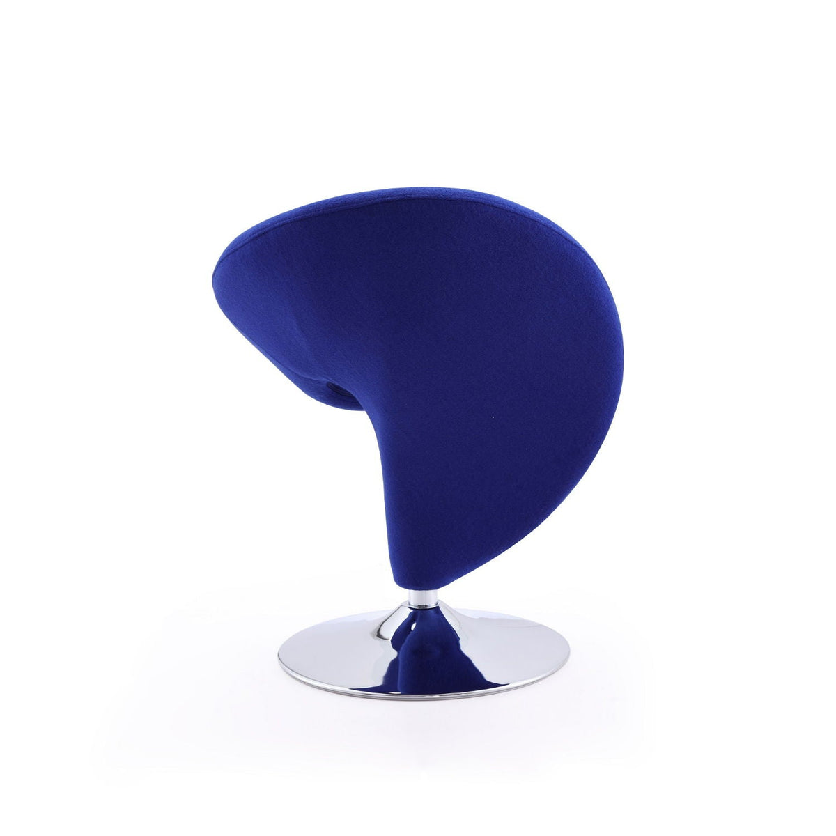 Swivel lounge chair with royal blue wool blend upholstery on a chrome pedestal base on Tampa Home & Garden Store