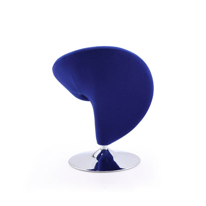 Swivel lounge chair with royal blue wool blend upholstery on a chrome pedestal base on Tampa Home & Garden Store