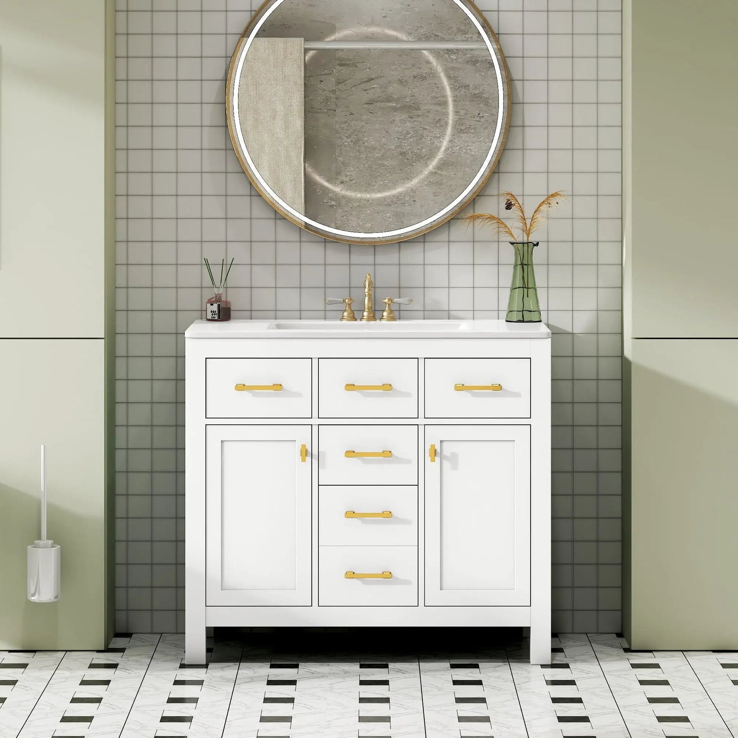 White bathroom vanity with sink and 4 drawers, gold handles, Unique Piece Furniture on Tampa Home & Garden Store