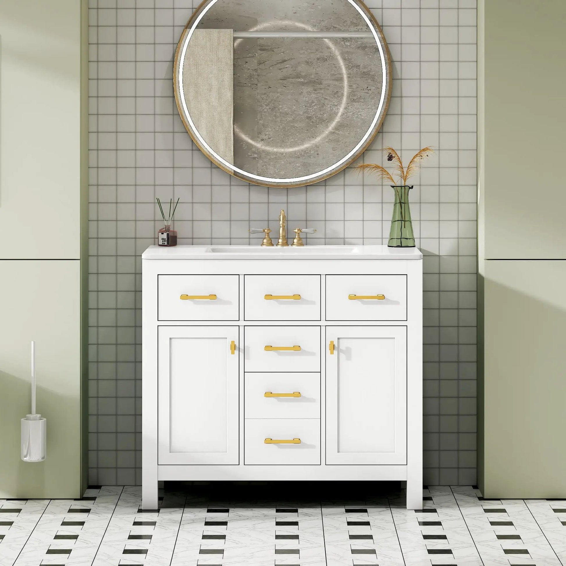 White bathroom vanity with sink and 4 drawers, gold handles, Unique Piece Furniture on Tampa Home & Garden Store