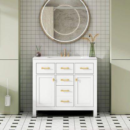 White bathroom vanity with sink and 4 drawers, gold handles, Unique Piece Furniture on Tampa Home & Garden Store
