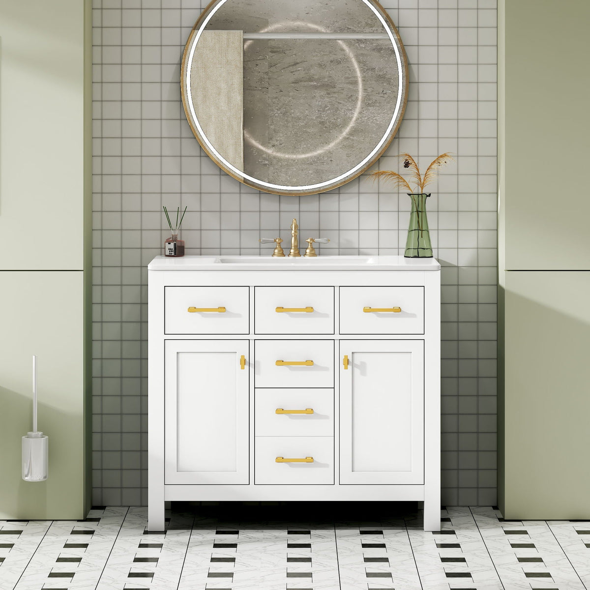 Modern bathroom vanity with 36-inch resin sink, white 4-drawer, brass hardware HouseOfZazla on Tampa Home & Garden Store