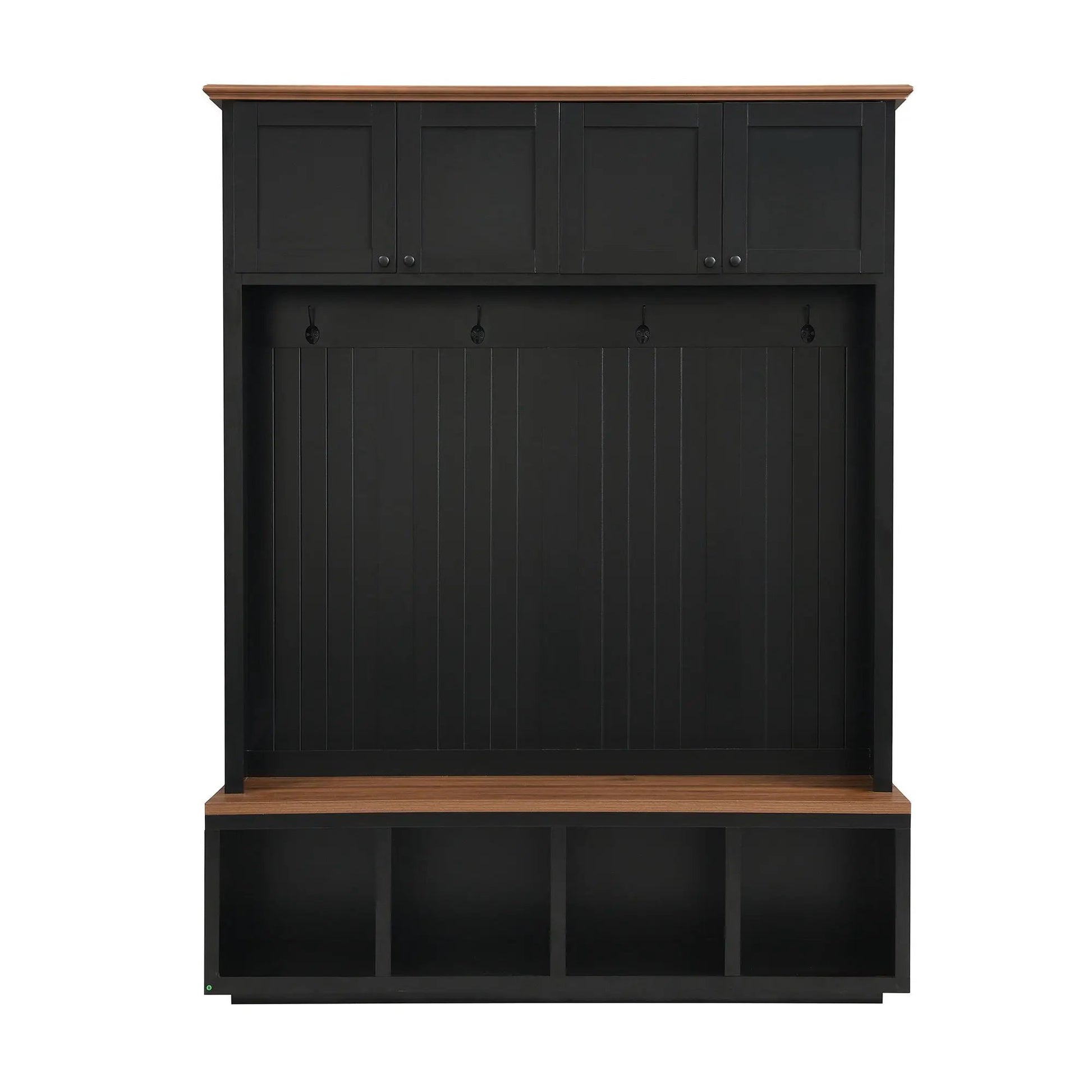 Entryway hall tree with bench and storage in black; upper cabinet doors, natural wood top on Tampa Home & Garden Store