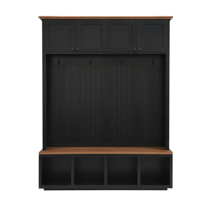 Entryway hall tree with bench and storage in black; upper cabinet doors, natural wood top on Tampa Home & Garden Store