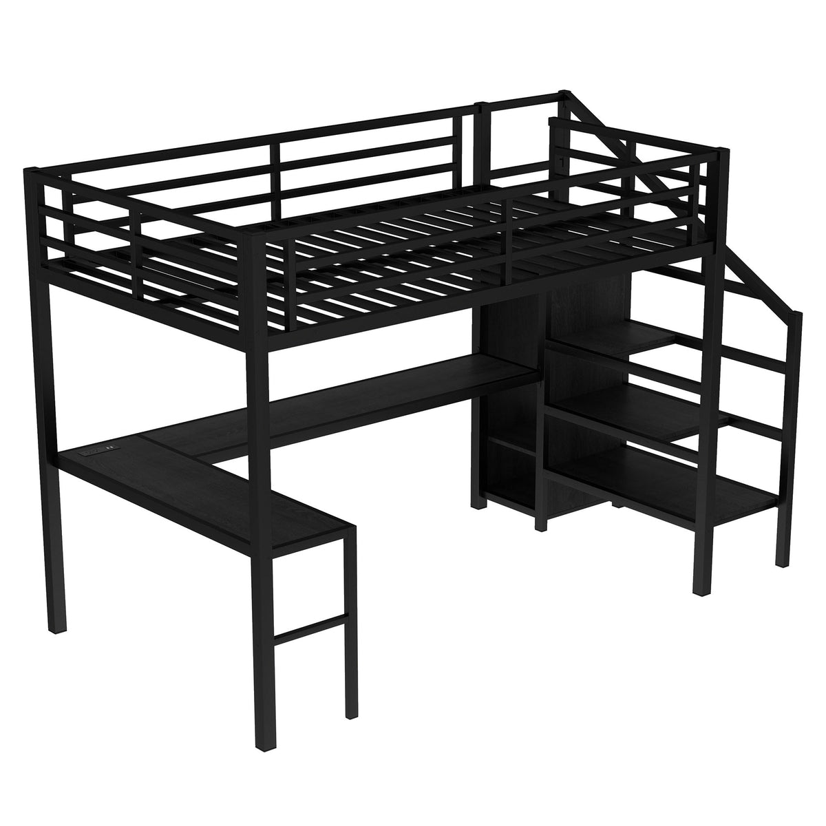 Full-size loft bed with L-shaped desk and USB by HouseOfZazla, black metal frame on Tampa Home & Garden Store