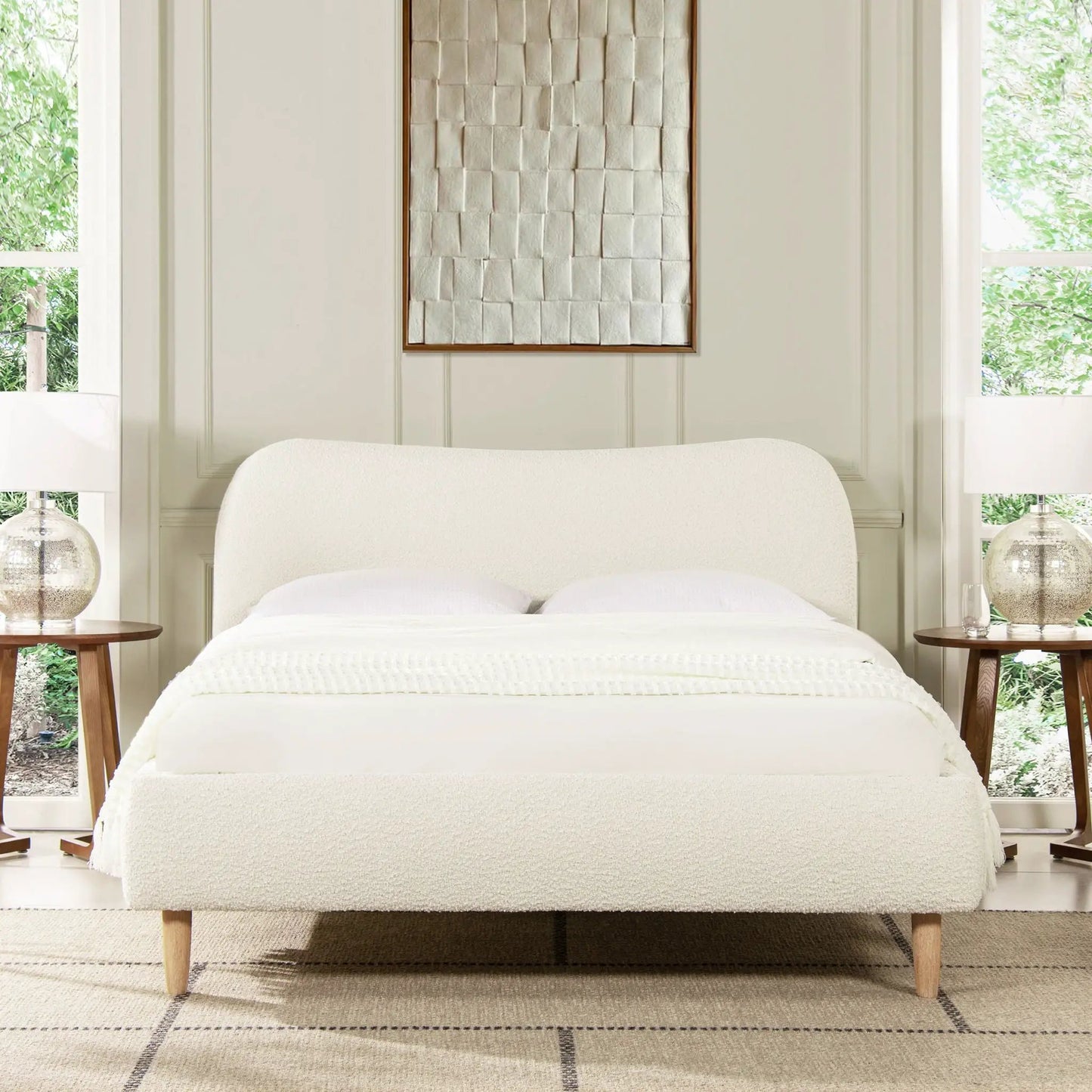 Roman Curved Headboard Upholstered Platform Bed in ivory fabric with wood legs on Tampa Home & Garden Store