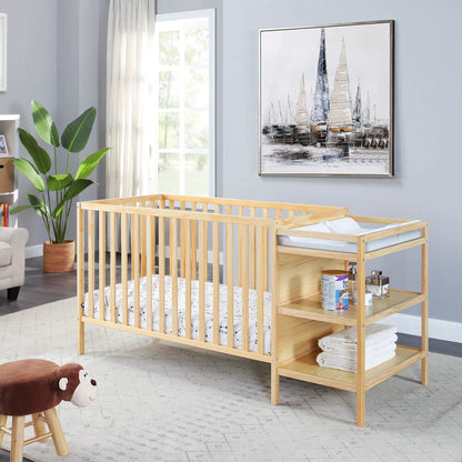Palmer 3-in-1 Convertible Crib with changer in natural pine wood in a blue-gray nursery on Tampa Home & Garden Store