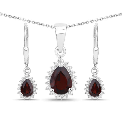 Sterling silver garnet and white topaz jewelry set teardrop pendant necklace and earrings on Tampa Home & Garden Store