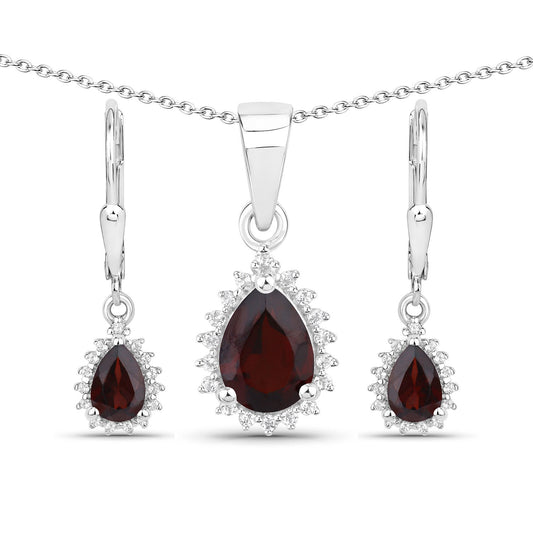 Sterling silver garnet and white topaz jewelry set teardrop pendant necklace and earrings on Tampa Home & Garden Store