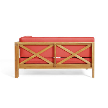 Brava X Back Corner Bench with Coffee Table, red cushions, wooden frame, 2-piece set on Tampa Home & Garden Store