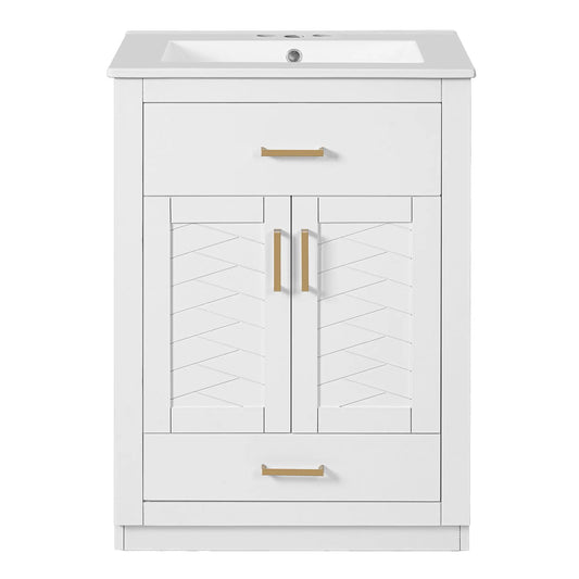 White modern vanity with integrated ceramic sink, two-door cabinet and gold hardware on Tampa Home & Garden Store