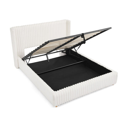 HouseOfZazla storage bed with gas lift, white ribbed upholstery and black metal frame on Tampa Home & Garden Store