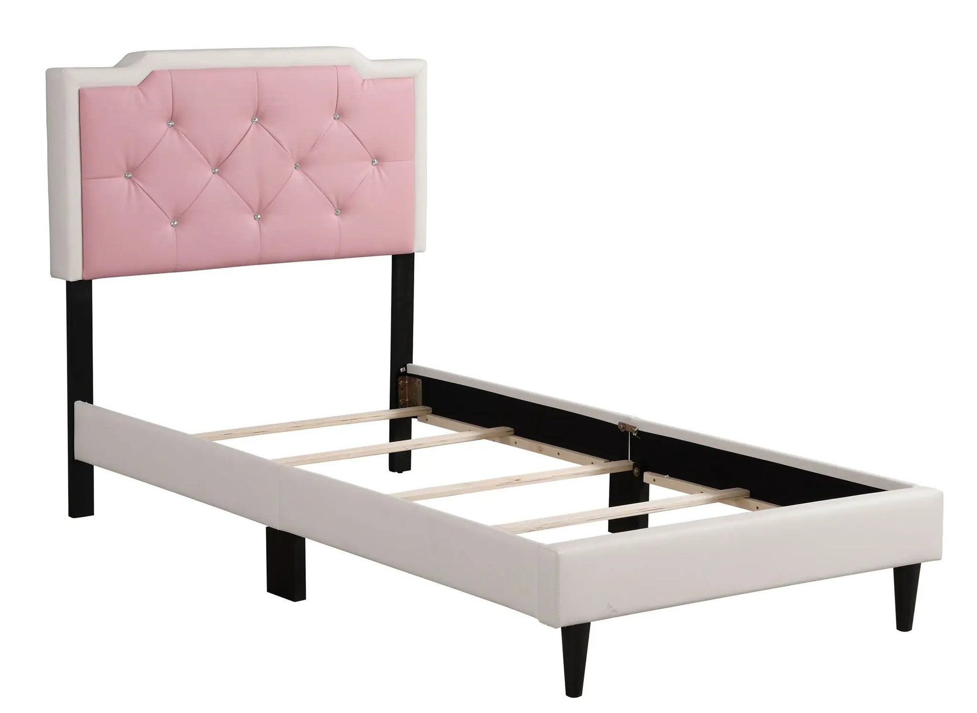 Button tufted pink bed headboard with crystal buttons, white frame, dark legs on Tampa Home & Garden Store