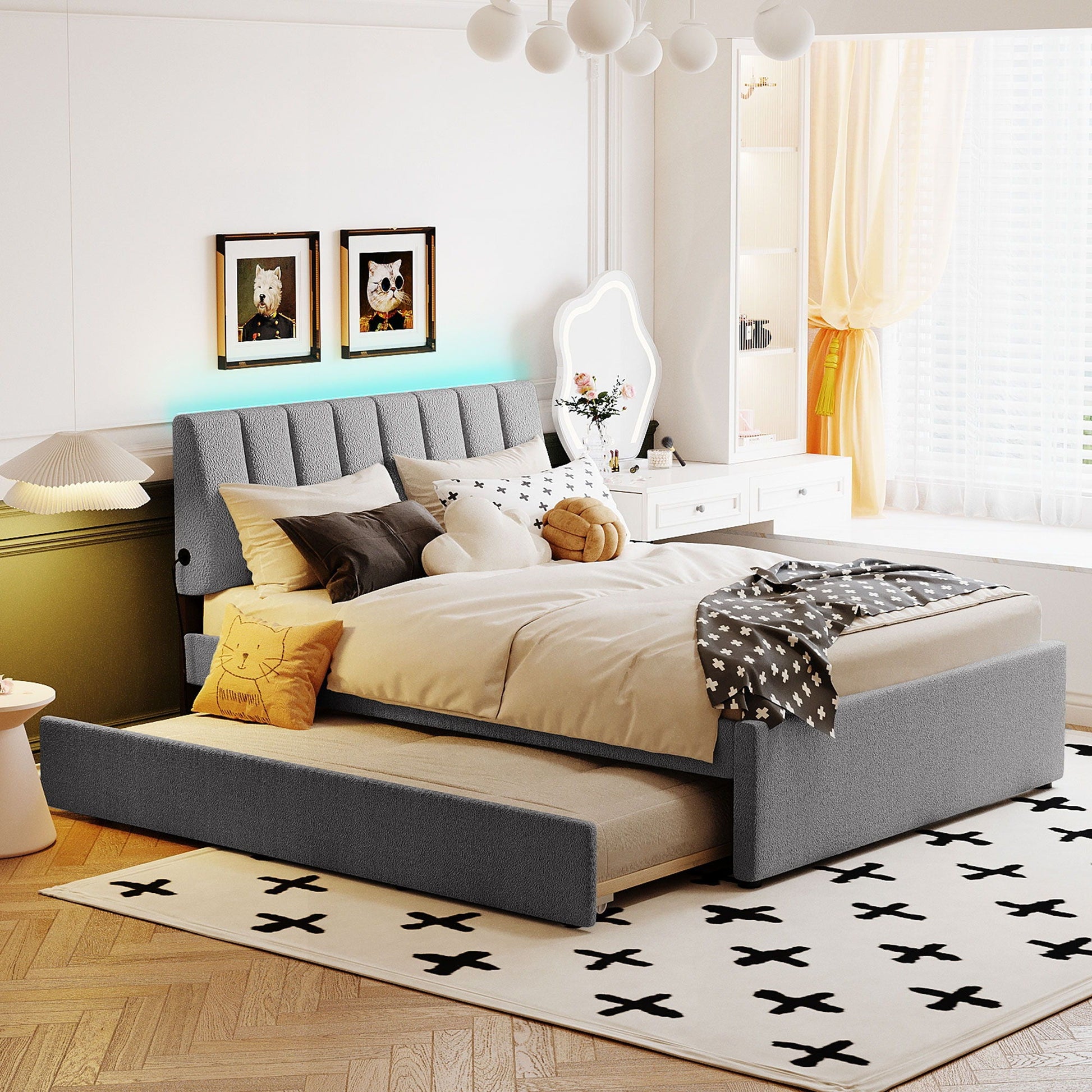 Upholstered platform bed with trundle in gray fabric by HouseOfZazla in a bright bedroom on Tampa Home & Garden Store
