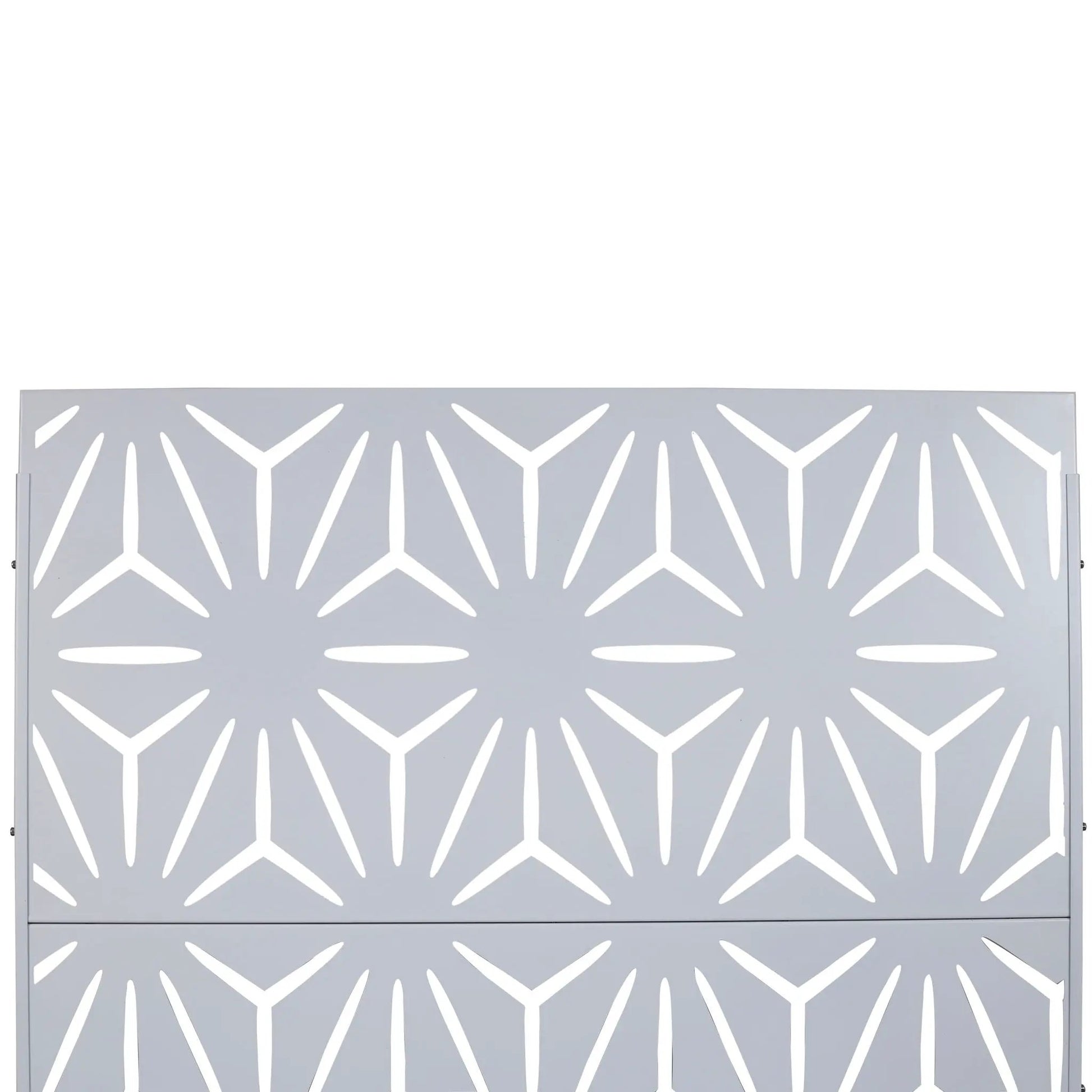 Freestanding gray metal privacy screen panel with white geometric leaf-cutout pattern on Tampa Home & Garden Store