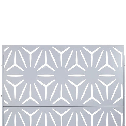 Freestanding gray metal privacy screen panel with white geometric leaf-cutout pattern on Tampa Home & Garden Store