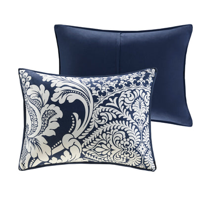 7 Piece Cotton Printed Comforter Set Indigo Queen navy back and damask print pillow pair HouseOfZazla on Tampa Home & Garden Store