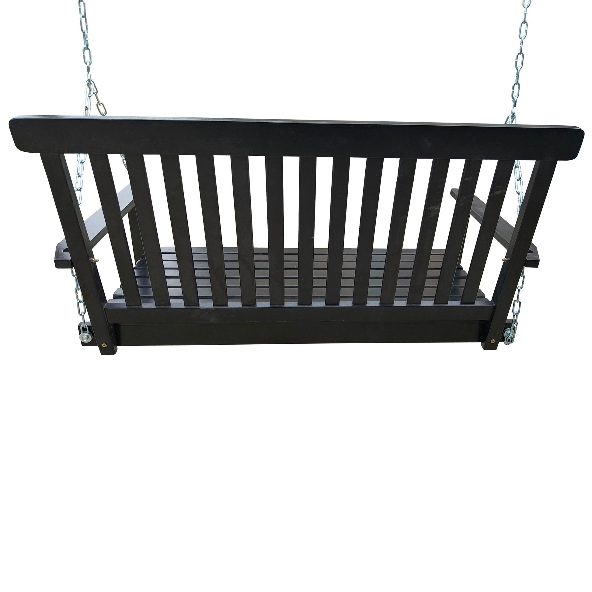 Front porch swing with armrests in black wood, slatted seat suspended by metal chains on Tampa Home & Garden Store