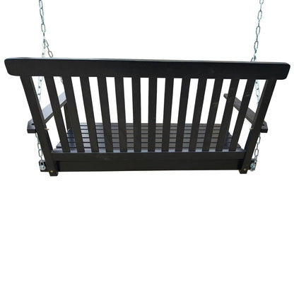 Front porch swing with armrests in black wood, slatted seat suspended by metal chains on Tampa Home & Garden Store