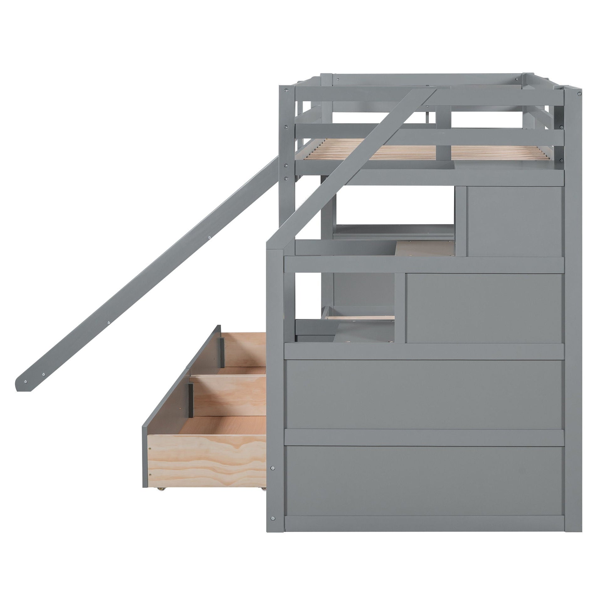 Gray bunk bed with storage staircase, wood steps and built-in drawers on Tampa Home & Garden Store